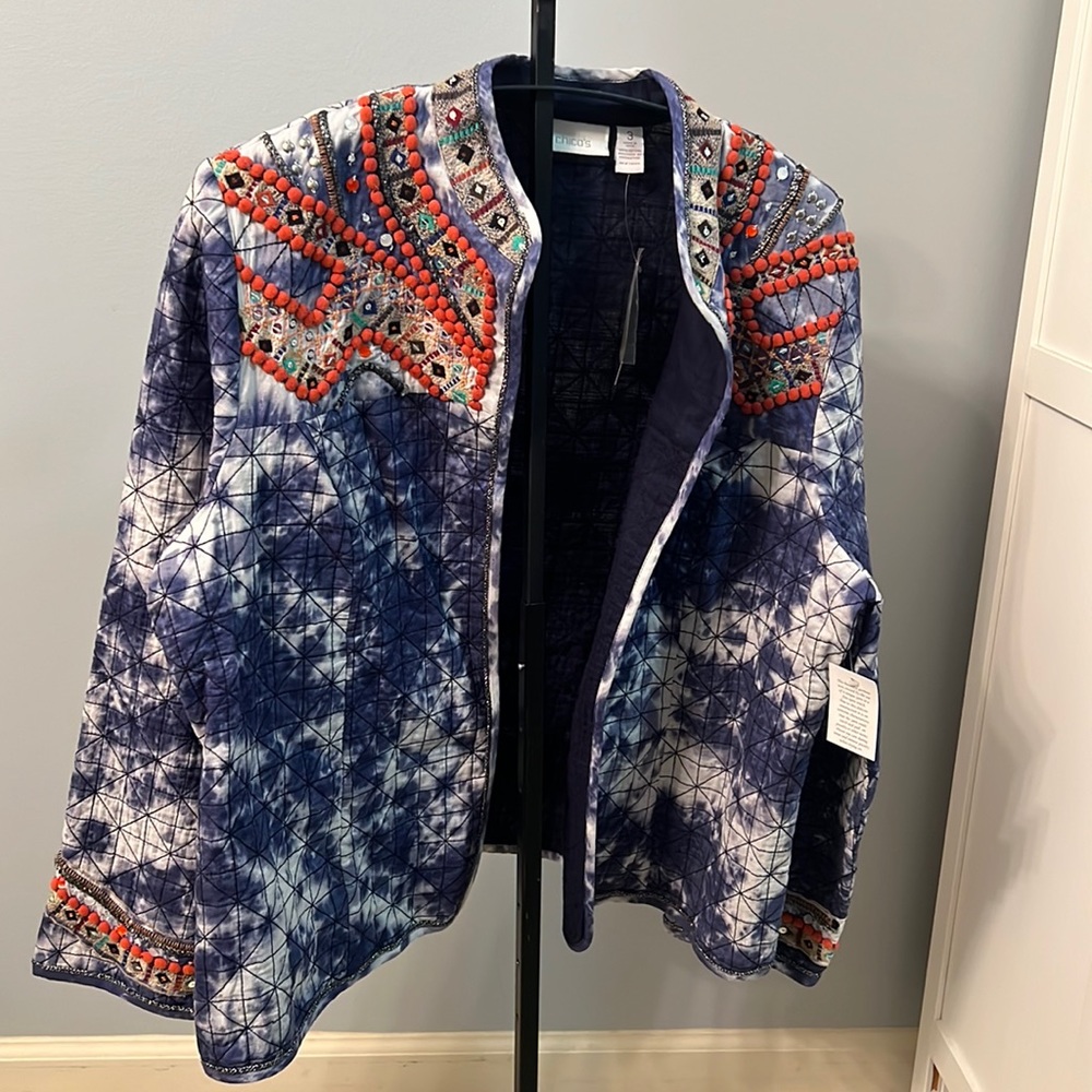 Chico's Blazer Chicos Size 3 Blue White Embordered Open Front Cardigan SZ 16/18